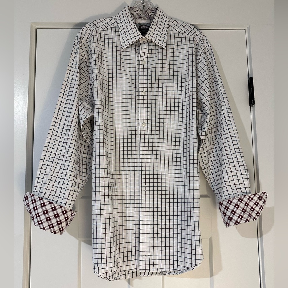 Johnston & Murphy Tailored Fit Men's Grid Pattern Shirt - Navy Blue White Maroon